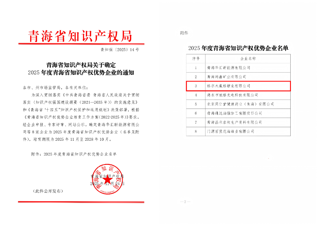 9728太阳集团锂业获评青海省“知识产权优势企业”
